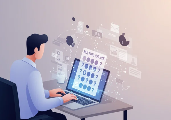 Persona realizando una prueba de aptitud en línea en una laptop, con enfoque cognitivo.
