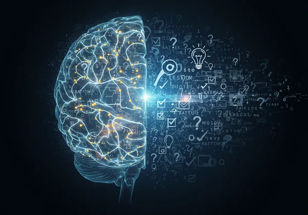 Arte abstracto de un cerebro analizando información escrita