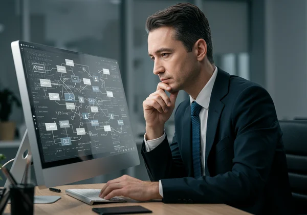 Person analyzing data, solving complex logical problem