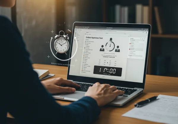 Person practicing an aptitude test on a laptop, with a timer