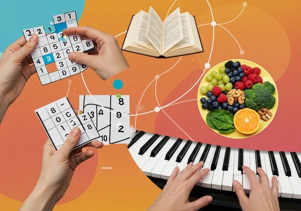 Collage of activities improving cognitive skills and brain health