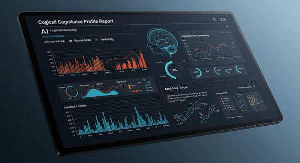 Screen shows a detailed AI cognitive profile report with strengths.