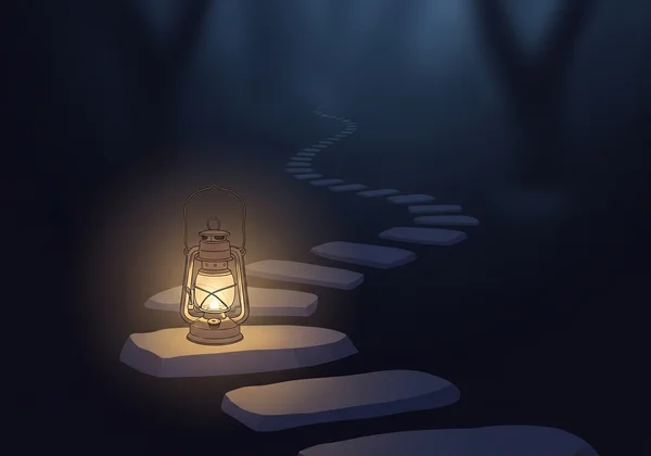 A warm lantern illuminating a path, symbolizing guidance and clarity